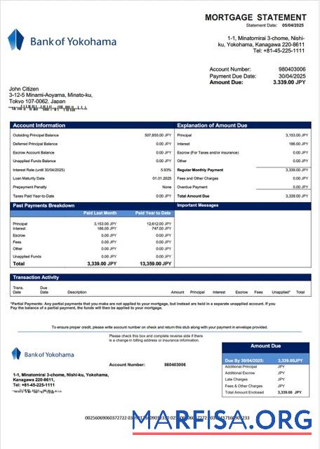 Printable Japan Bank of Yokohama mortgage statement Word and PDF template